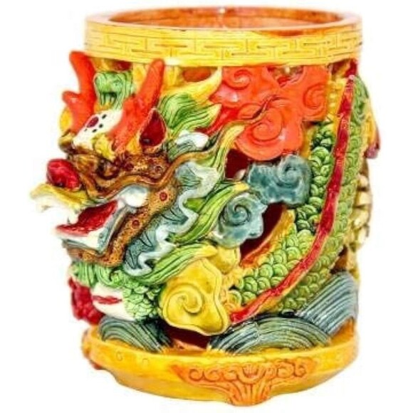 Foo Dog Vastu Dragon Pen Holder Colorful Feng Shui Power Wealth Decorative 4” - Picture 2 of 13